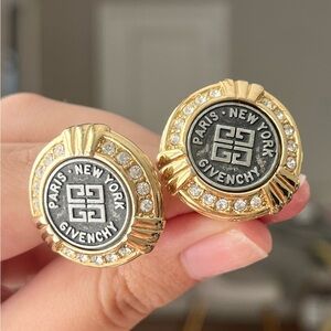 Vintage Givenchy Classic Logo Coin Rhinestone Gray Gold Round Clip-On Earrings
